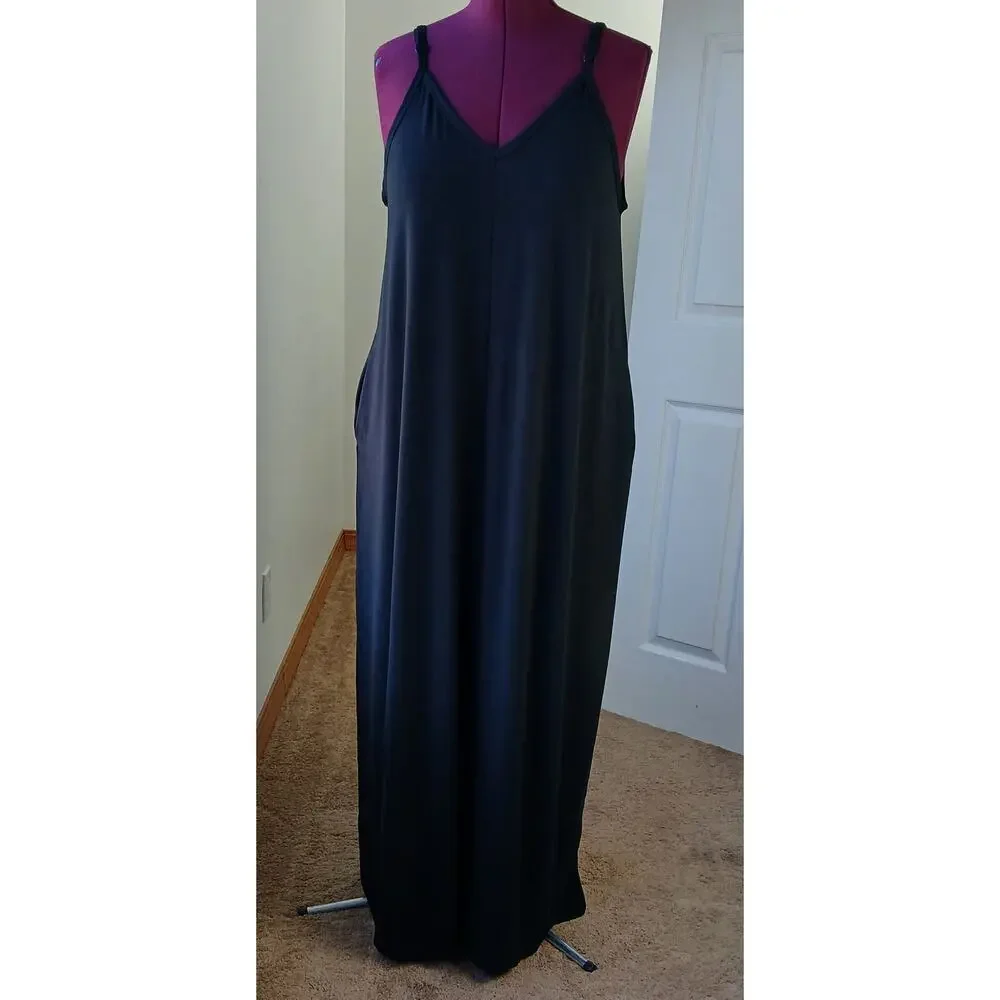 🔥SALE🔥 Zenana Black V-neck Cami Maxi Dress 1X comfy shift pockets adjustable - Picture 4 of 16